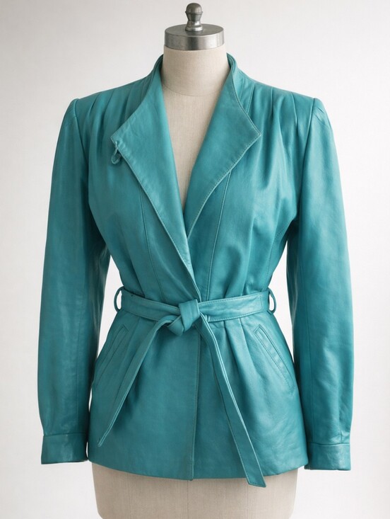 Vintage Jackets & Blazers - Vintage 80's Turquoise Leather Belted Jacket • Sculpted Shoulders • SIZE SMALL